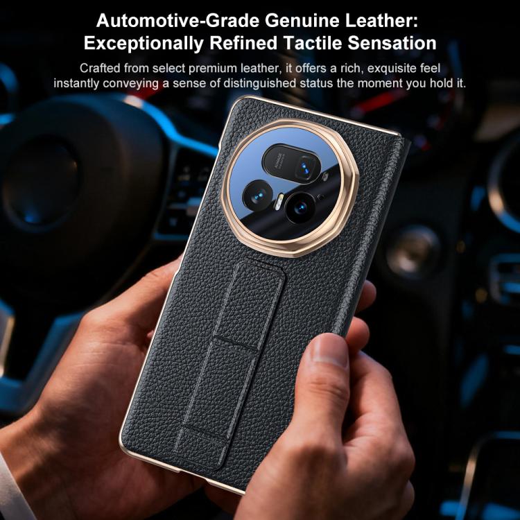 For Honor Magic V5 Sliding Wristband Holder View Window Genuine Leather Phone Case