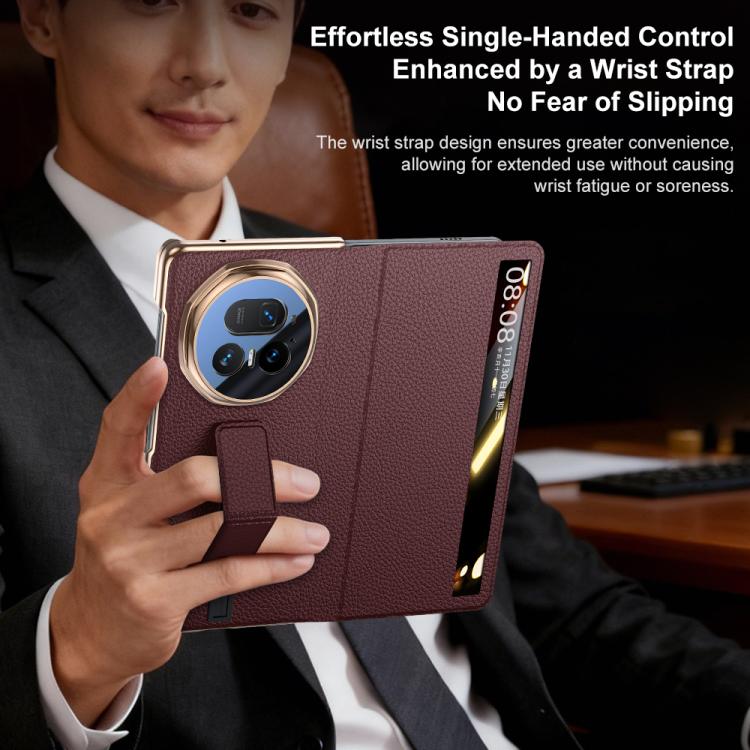 For Honor Magic V5 Sliding Wristband Holder View Window Genuine Leather Phone Case