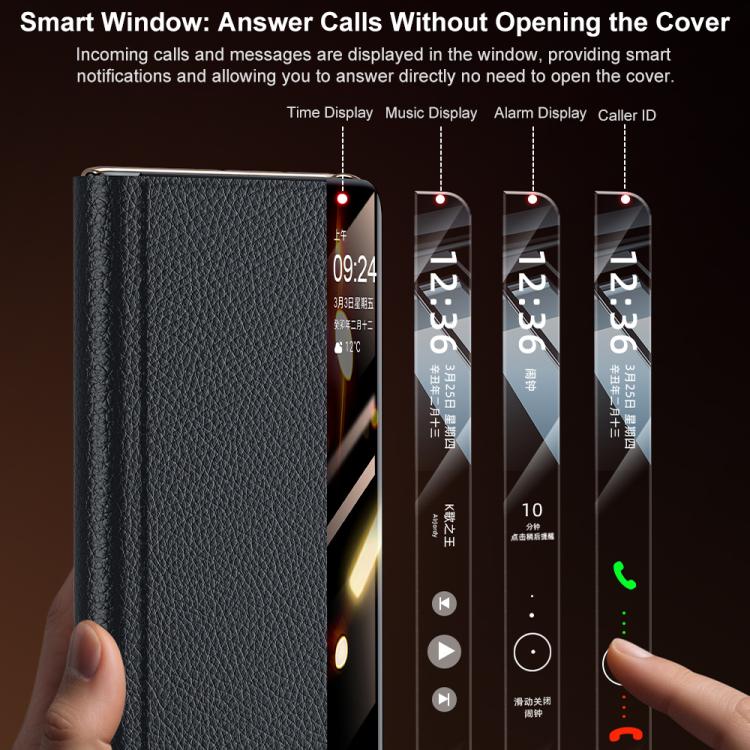 For Honor Magic V5 Sliding Wristband Holder View Window Genuine Leather Phone Case