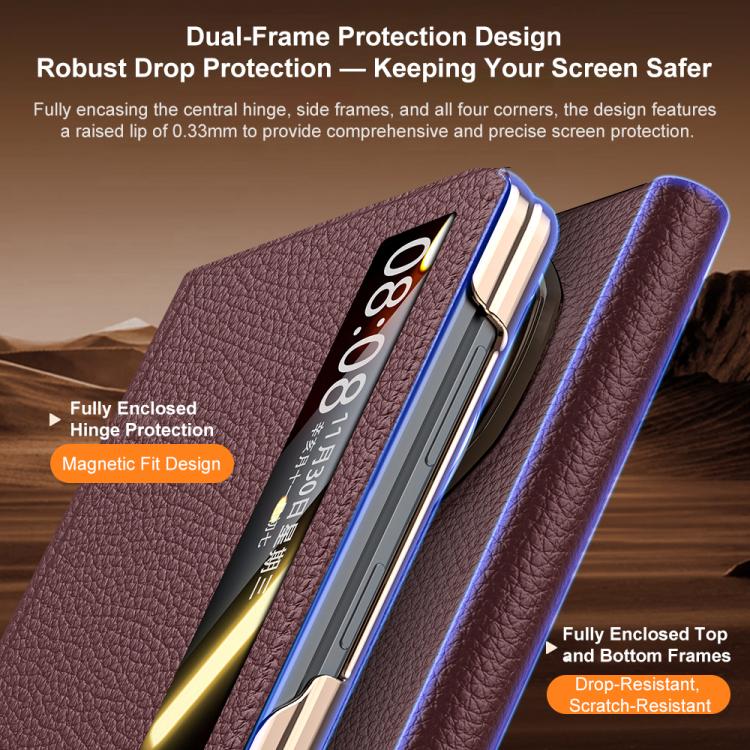 For Honor Magic V5 Sliding Wristband Holder View Window Genuine Leather Phone Case
