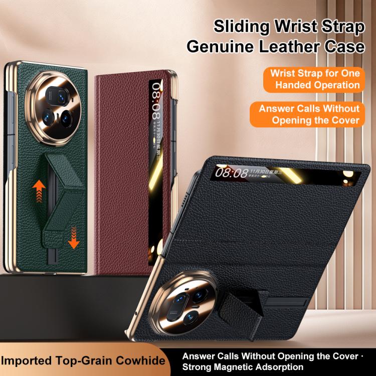 For Honor Magic V5 Sliding Wristband Holder View Window Genuine Leather Phone Case