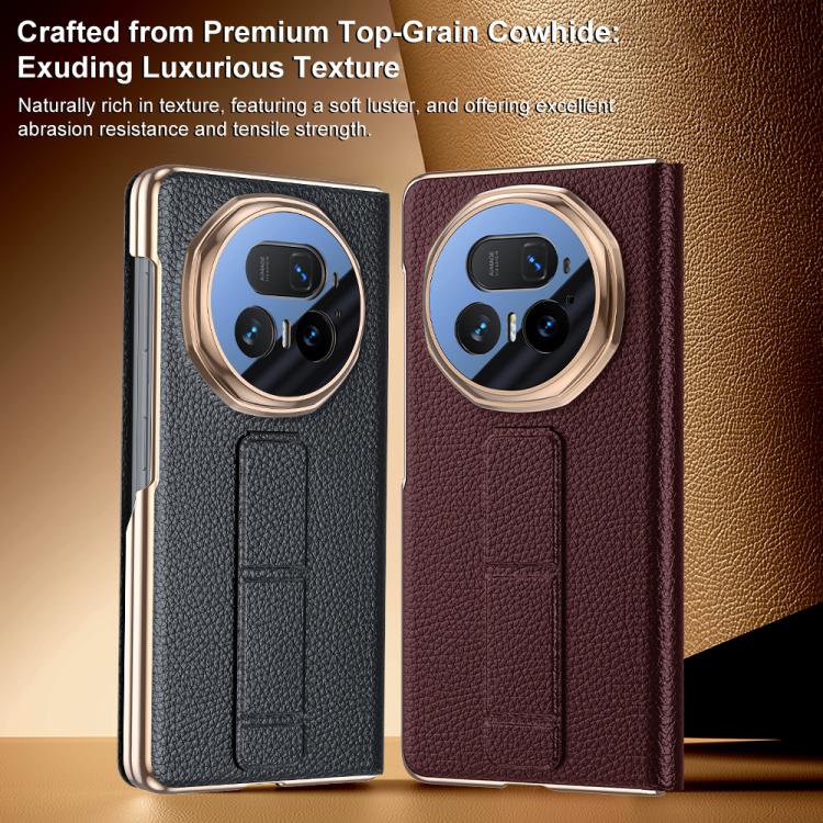 For Honor Magic V5 Sliding Wristband Holder View Window Genuine Leather Phone Case