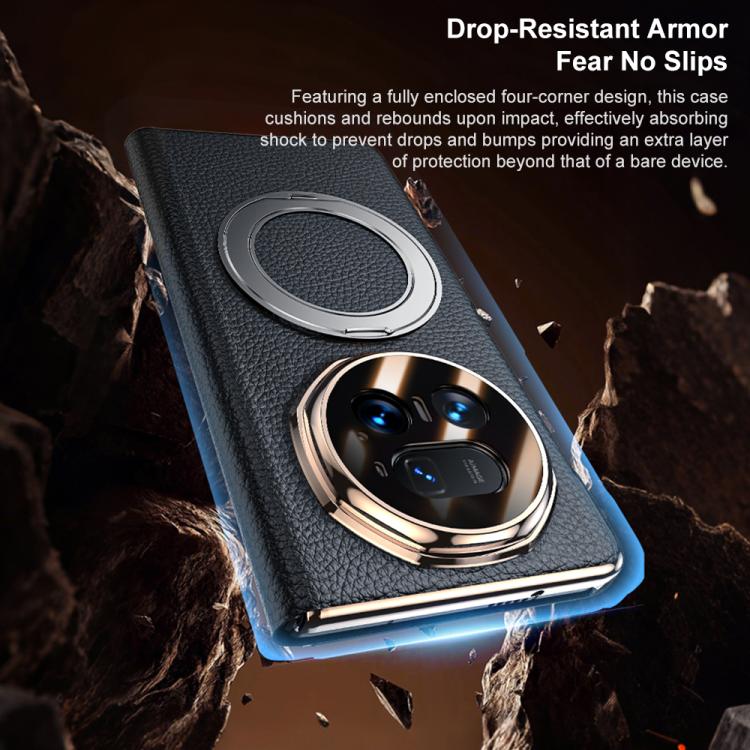 For Honor Magic V5 Magnetic Rotating Holder View Window Genuine Leather Phone Case