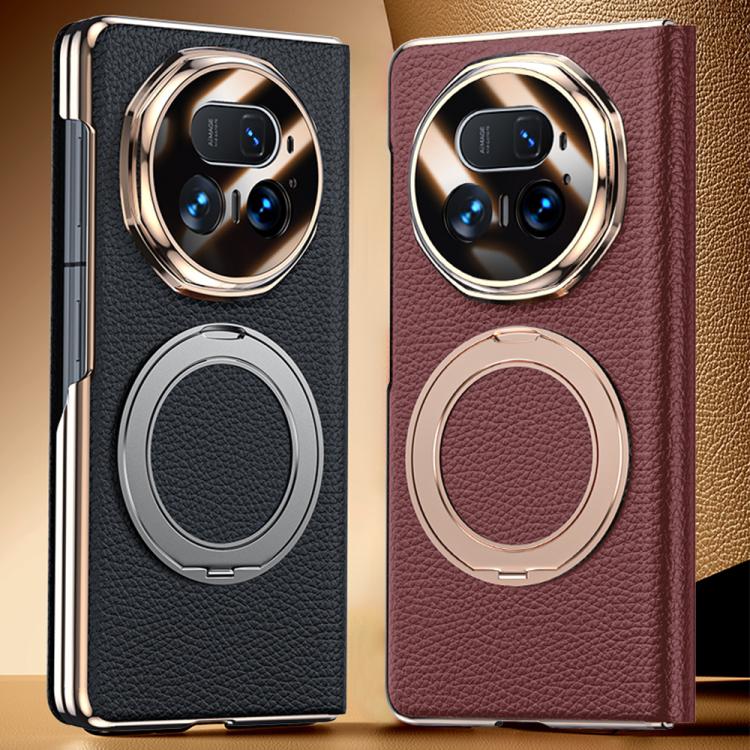 For Honor Magic V5 Magnetic Rotating Holder View Window Genuine Leather Phone Case