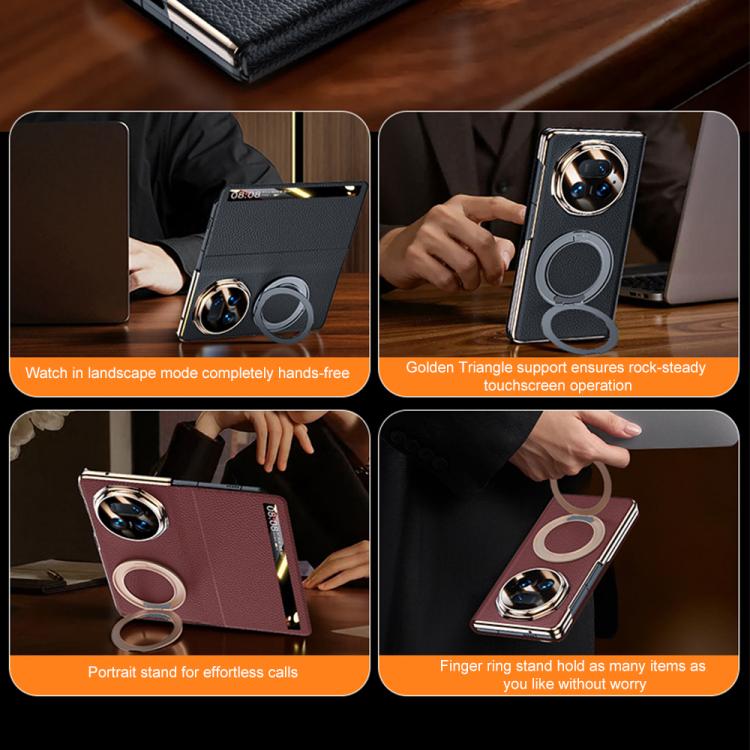 For Honor Magic V5 Magnetic Rotating Holder View Window Genuine Leather Phone Case