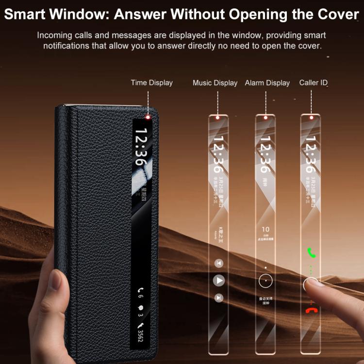 For Honor Magic V5 Magnetic Rotating Holder View Window Genuine Leather Phone Case