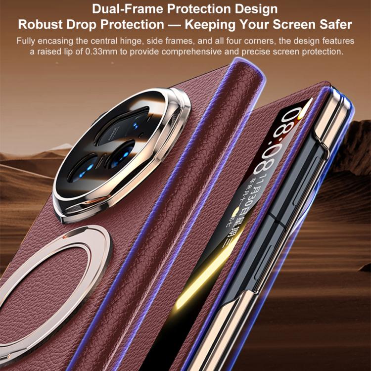 For Honor Magic V5 Magnetic Rotating Holder View Window Genuine Leather Phone Case
