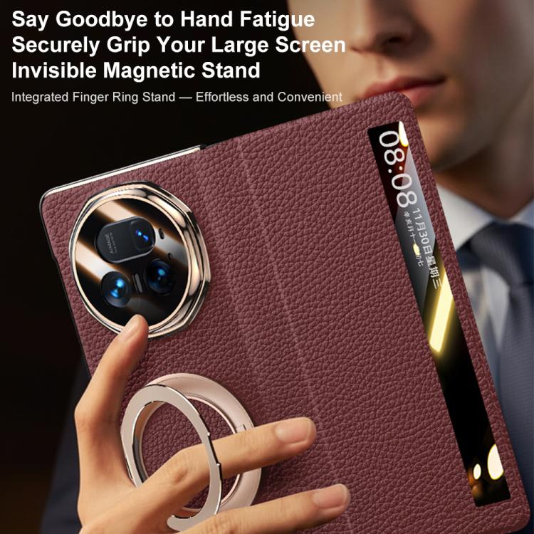 For Honor Magic V5 Magnetic Rotating Holder View Window Genuine Leather Phone Case