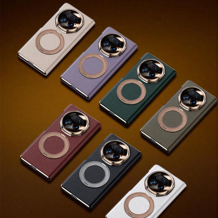 For Honor Magic V5 Magnetic Rotating Holder View Window Genuine Leather Phone Case