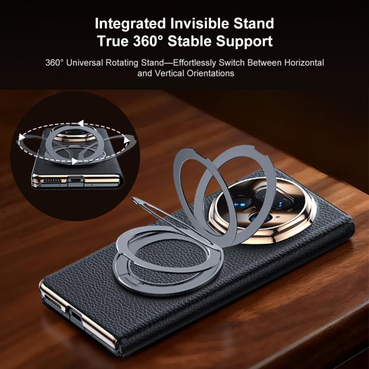 For Honor Magic V5 Magnetic Rotating Holder View Window Genuine Leather Phone Case
