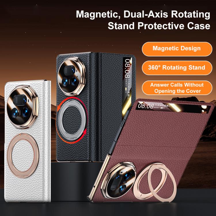 For Honor Magic V5 Magnetic Rotating Holder View Window Genuine Leather Phone Case