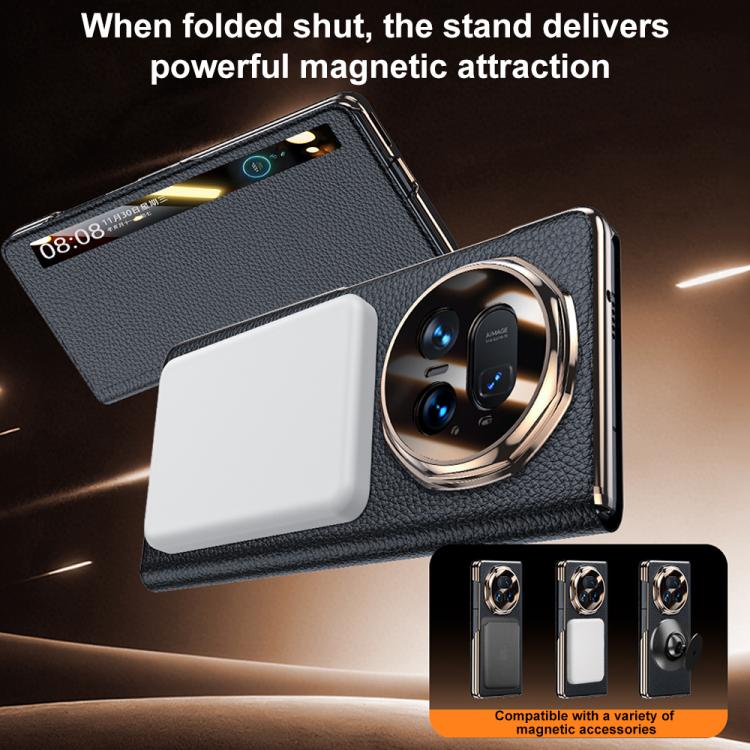 For Honor Magic V5 Magnetic Rotating Holder View Window Genuine Leather Phone Case