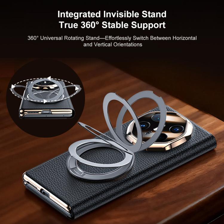 For Huawei Mate X6 Magnetic Rotating Holder View Window Genuine Leather Phone Case