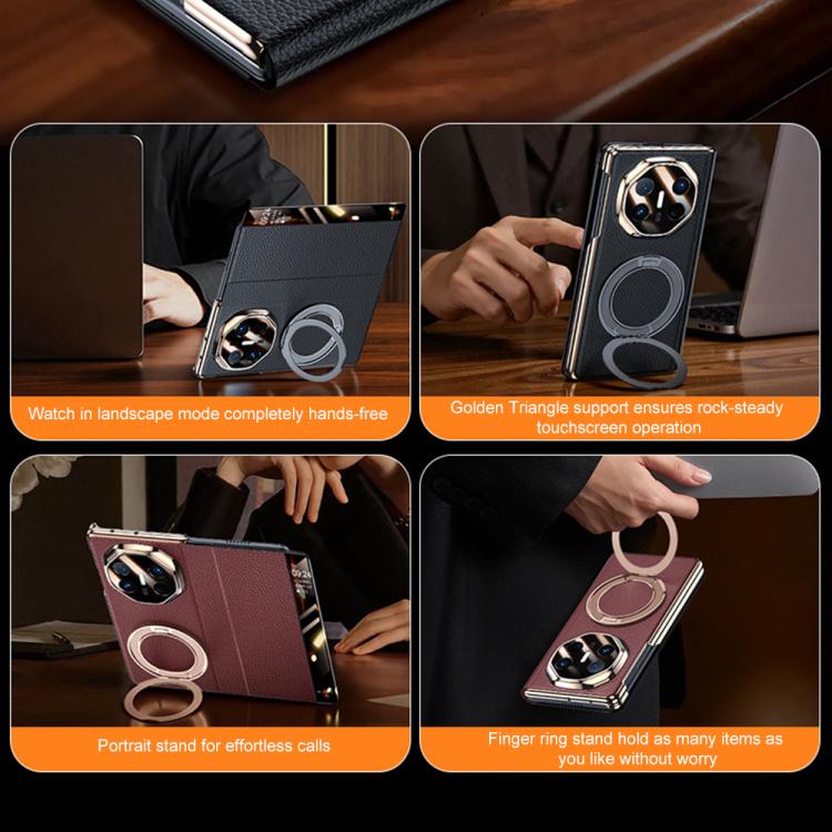 For Huawei Mate X6 Magnetic Rotating Holder View Window Genuine Leather Phone Case