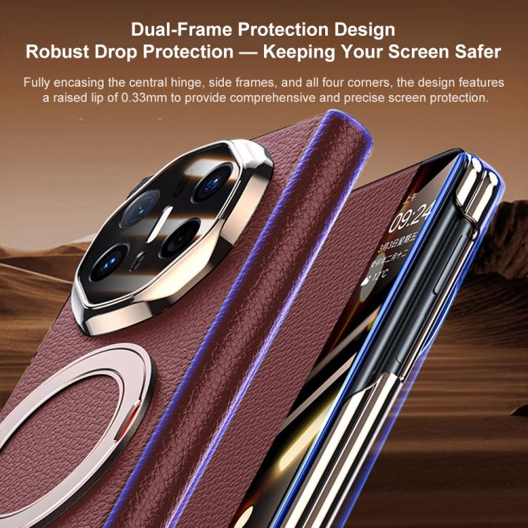 For Huawei Mate X6 Magnetic Rotating Holder View Window Genuine Leather Phone Case