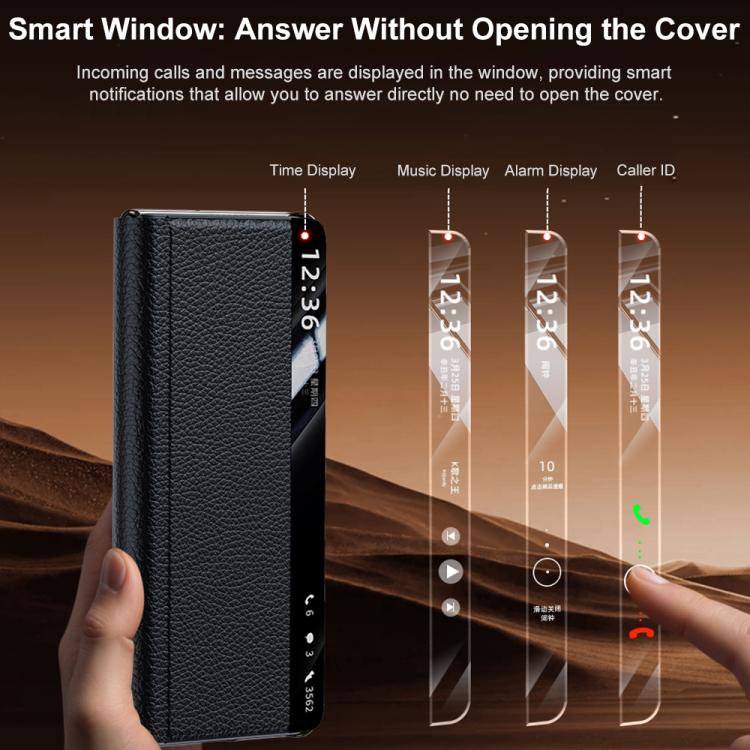 For Huawei Mate X6 Magnetic Rotating Holder View Window Genuine Leather Phone Case