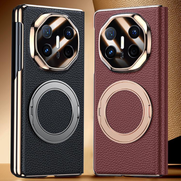 For Huawei Mate X6 Magnetic Rotating Holder View Window Genuine Leather Phone Case