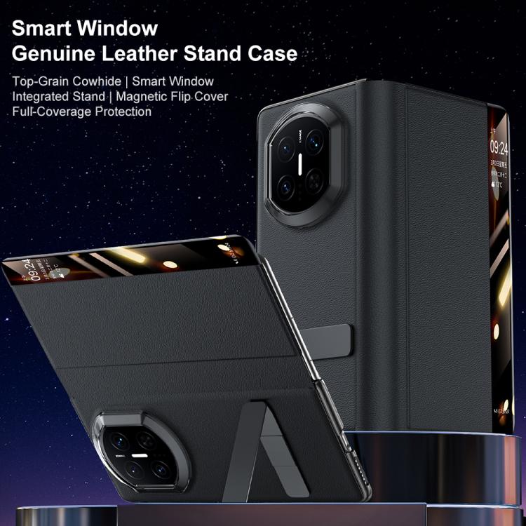 For Huawei Mate X7 Rotating Holder View Window Genuine Leather Phone Case