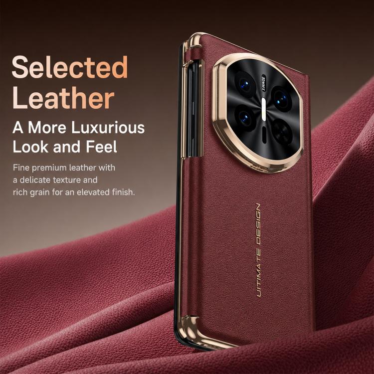 For Huawei Mate X7 Lens Holder Magnetic-Hinge Smart View Window Genuine Leather Phone Case