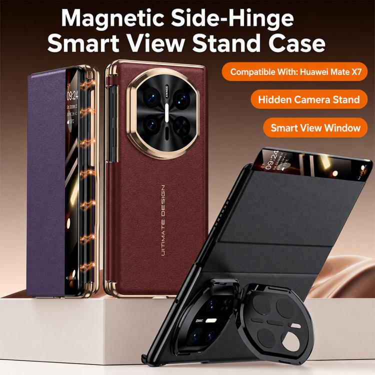For Huawei Mate X7 Lens Holder Magnetic-Hinge Smart View Window Genuine Leather Phone Case