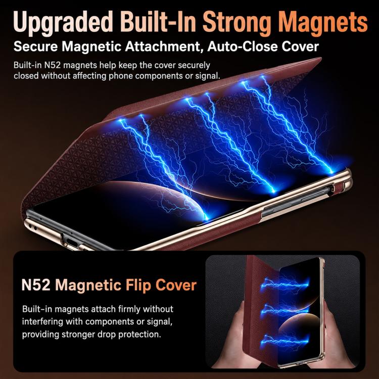 For Huawei Mate X7 Lens Holder Magnetic-Hinge Smart View Window Genuine Leather Phone Case