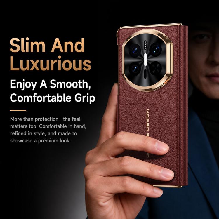 For Huawei Mate X7 Lens Holder Magnetic-Hinge Smart View Window Genuine Leather Phone Case
