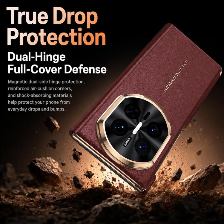 For Huawei Mate X7 Lens Holder Magnetic-Hinge Smart View Window Genuine Leather Phone Case
