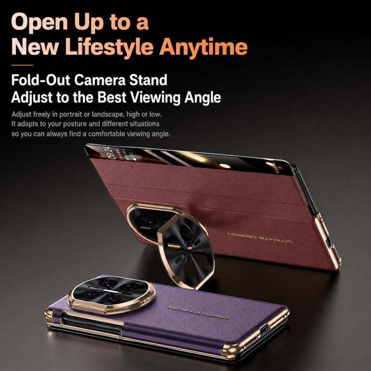 For Huawei Mate X7 Lens Holder Magnetic-Hinge Smart View Window Genuine Leather Phone Case