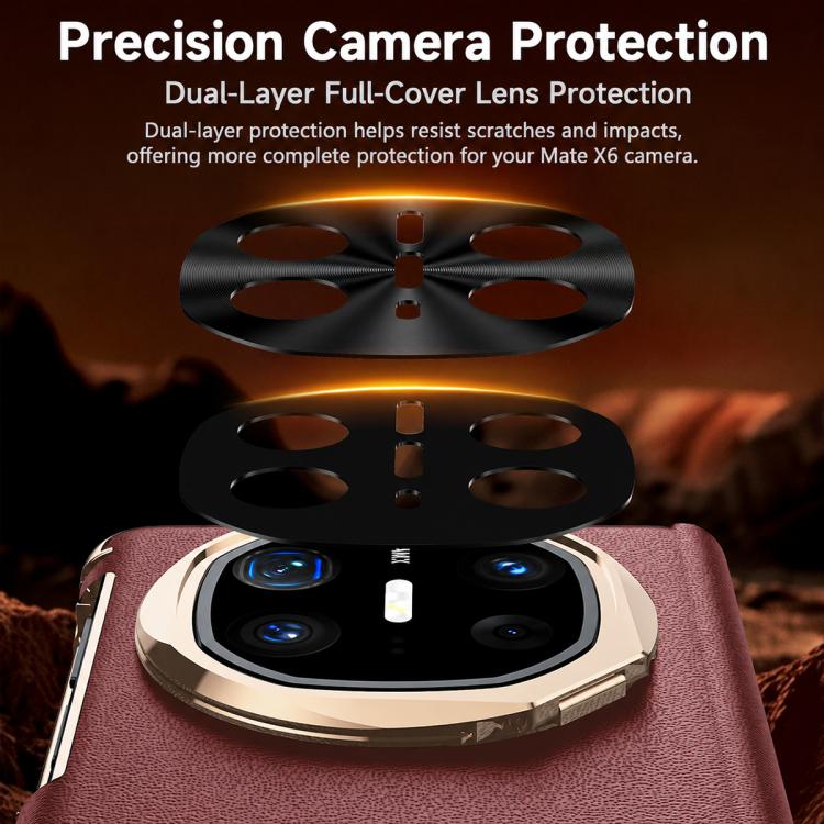 For Huawei Mate X6 Lens Holder Magnetic-Hinge Smart View Window Genuine Leather Phone Case