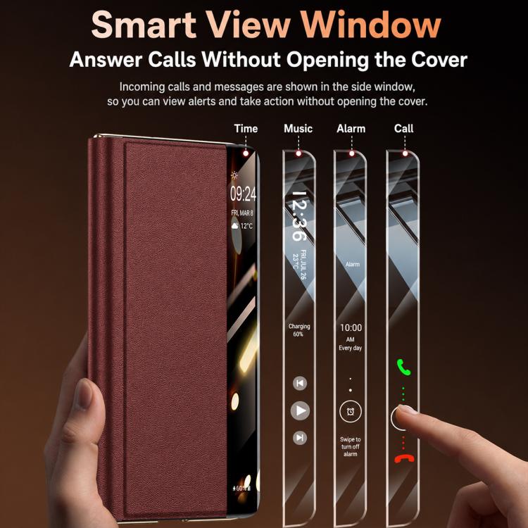 For Huawei Mate X6 Lens Holder Magnetic-Hinge Smart View Window Genuine Leather Phone Case