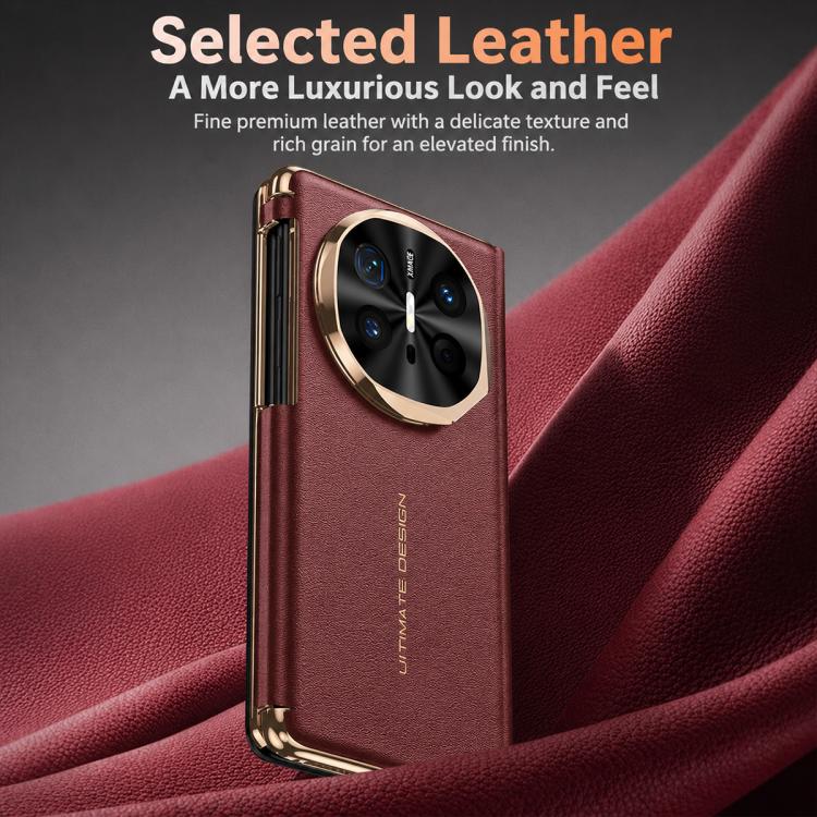 For Huawei Mate X6 Lens Holder Magnetic-Hinge Smart View Window Genuine Leather Phone Case