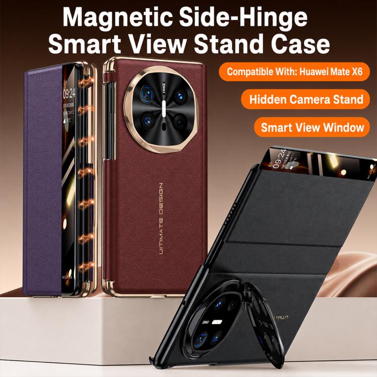 For Huawei Mate X6 Lens Holder Magnetic-Hinge Smart View Window Genuine Leather Phone Case