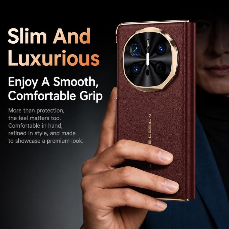 For Huawei Mate X6 Lens Holder Magnetic-Hinge Smart View Window Genuine Leather Phone Case