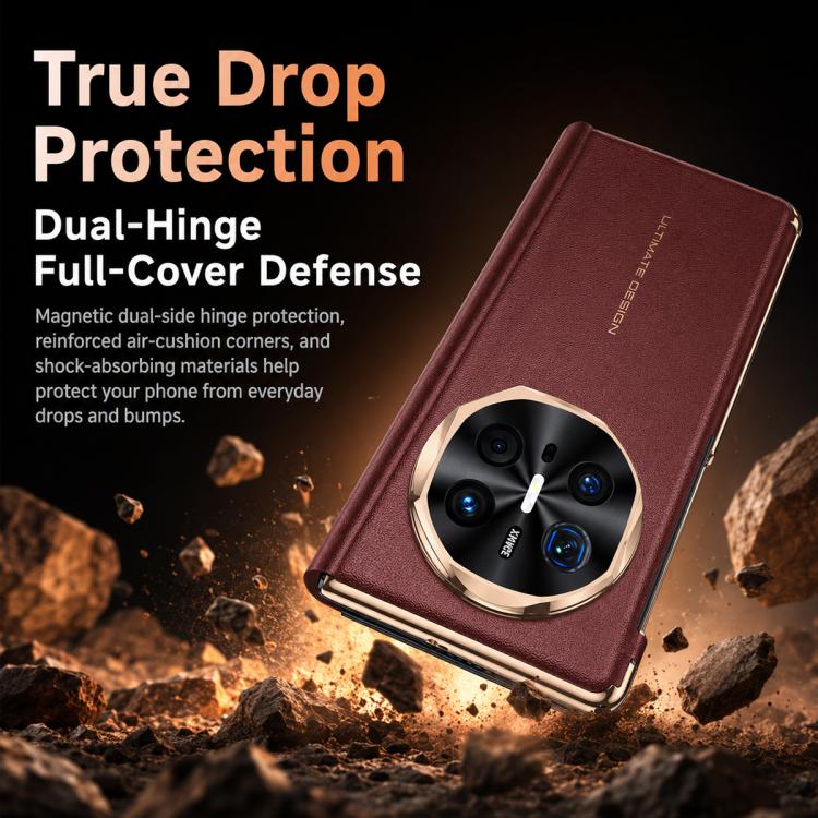 For Huawei Mate X6 Lens Holder Magnetic-Hinge Smart View Window Genuine Leather Phone Case