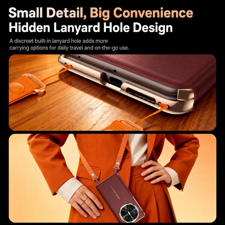 For Huawei Mate X6 Lens Holder Magnetic-Hinge Smart View Window Genuine Leather Phone Case