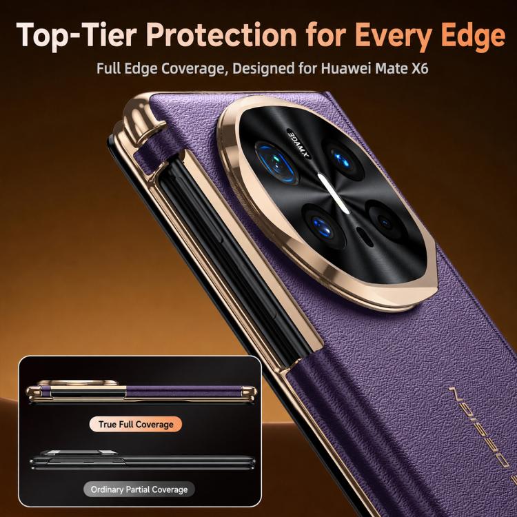 For Huawei Mate X6 Lens Holder Magnetic-Hinge Smart View Window Genuine Leather Phone Case