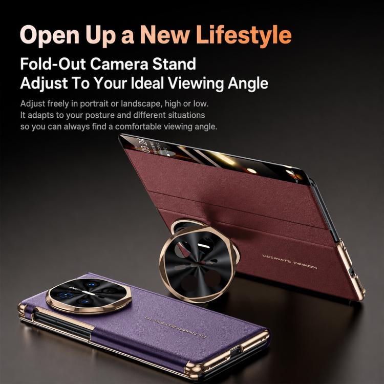 For Huawei Mate X6 Lens Holder Magnetic-Hinge Smart View Window Genuine Leather Phone Case