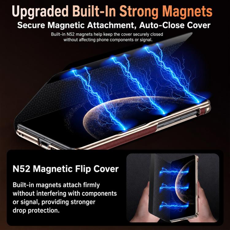 For Huawei Mate X6 Lens Holder Magnetic-Hinge Smart View Window Genuine Leather Phone Case