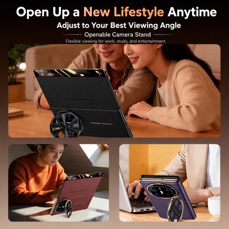For Huawei Mate X6 Lens Holder Magnetic-Hinge Smart View Window Genuine Leather Phone Case