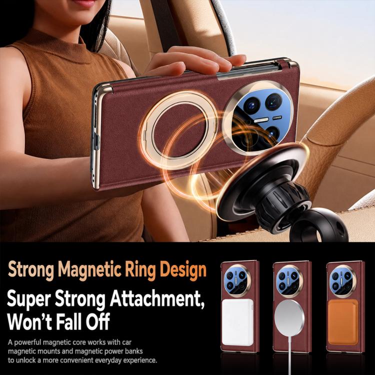 For Huawei Mate X7 Rotating Holder Magnetic-Hinge Smart View Window Genuine Leather Phone Case