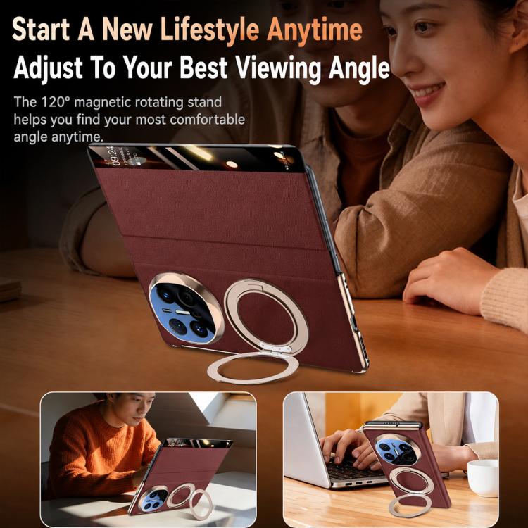 For Huawei Mate X7 Rotating Holder Magnetic-Hinge Smart View Window Genuine Leather Phone Case