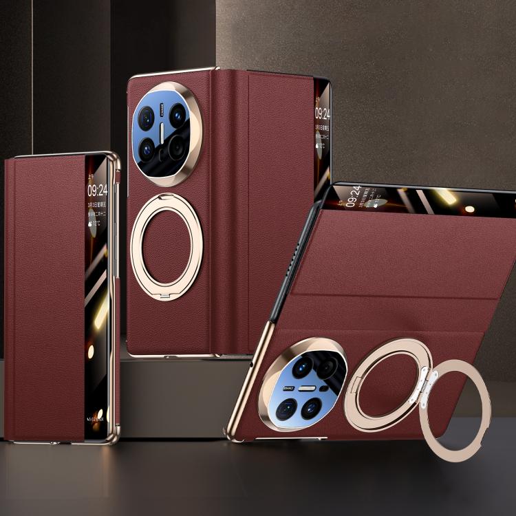 For Huawei Mate X7 Rotating Holder Magnetic-Hinge Smart View Window Genuine Leather Phone Case
