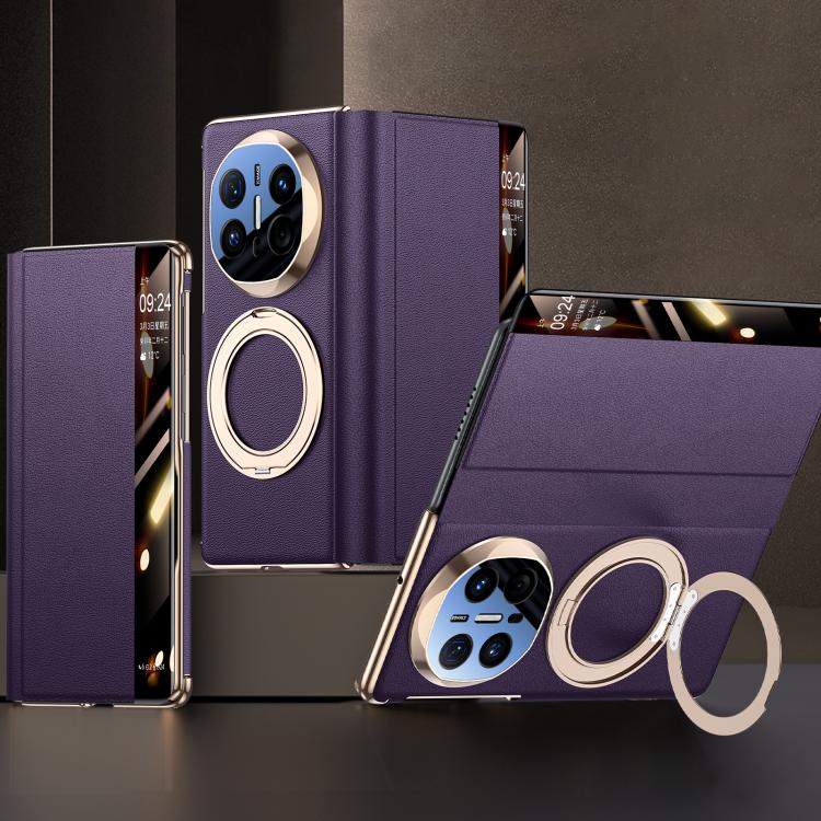 For Huawei Mate X7 Rotating Holder Magnetic-Hinge Smart View Window Genuine Leather Phone Case