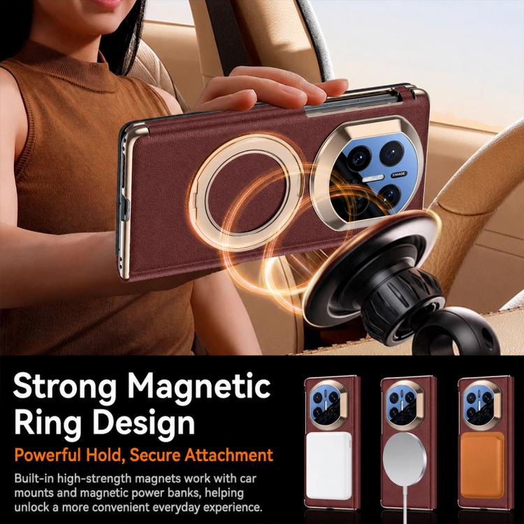 For Huawei Mate X6 Rotating Holder Magnetic-Hinge Smart View Window Genuine Leather Phone Case