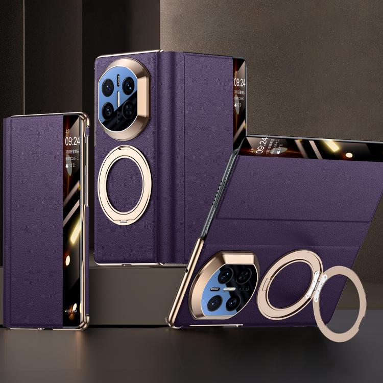 For Huawei Mate X6 Rotating Holder Magnetic-Hinge Smart View Window Genuine Leather Phone Case
