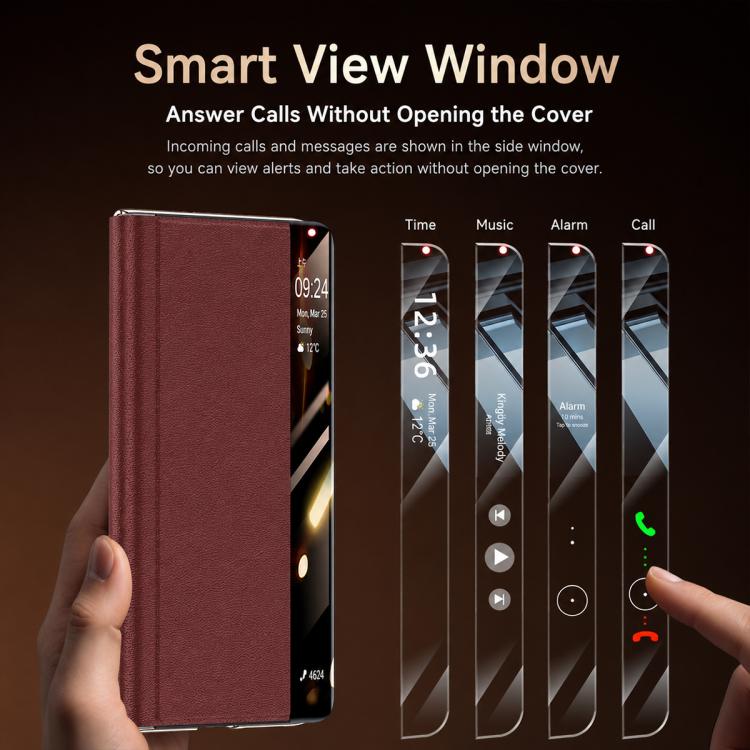 For Huawei Mate X6 Rotating Holder Magnetic-Hinge Smart View Window Genuine Leather Phone Case