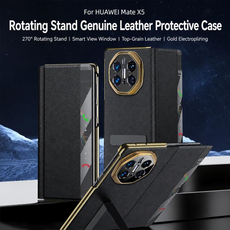 For Huawei Mate X5 Bar-Type Rotating Holder Smart View Window Genuine Leather Phone Case