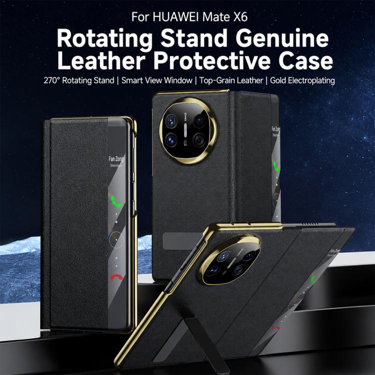 For Huawei Mate X6 Bar-Type Rotating Holder Smart View Window Genuine Leather Phone Case