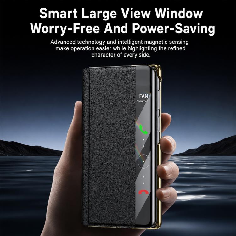 For Huawei Mate X6 Bar-Type Rotating Holder Smart View Window Genuine Leather Phone Case