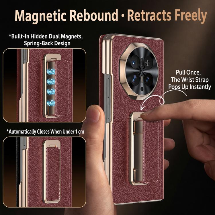 For Honor Magic V6 Rotating Wristband Holder View Window Genuine Leather Phone Case